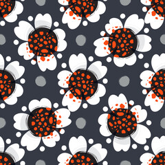 Floral seamless pattern. A harmonious composition of flowers, seeds and mounds on a dark gray background. Vector illustration.