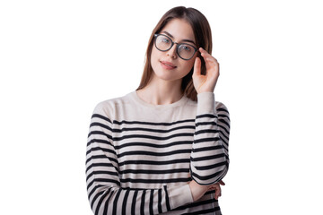 Young woman studio portrait while wearing eyewear