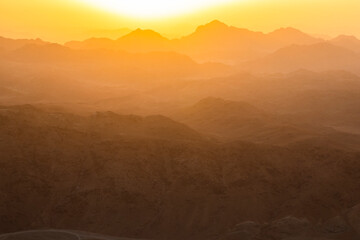 View from Mount Sinai at sunrise. Beautiful mountain landscape in Egypt.