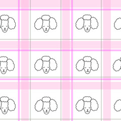 Summer cute white pattern with dog poodle pet. Seamless background. Textiles for children in pink cage for kitchen. Minimalism paper scrapbook.