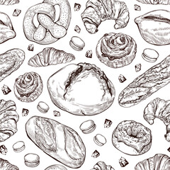 Hand-drawn sketch style bakery set. Different kinds of bread and pastry on white background. Bread, croissant, pretzel, bun, donuts, macaroons, and other bakery products in a seamless pattern.