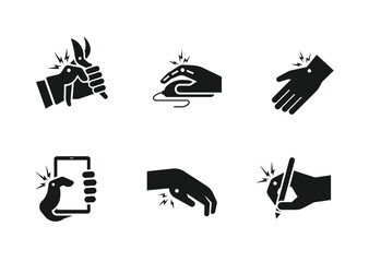 activities cause trigger finger icon set, hand and finger joint pain from repeatedly work, flat design