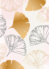 Ginkgo leaves pastel gold pattern. Ginkgo biloba poster background, nature inspired, soft colors, elegant art print. Botanical decorative design, vector illustration for spa, wellness, fabric, fashion