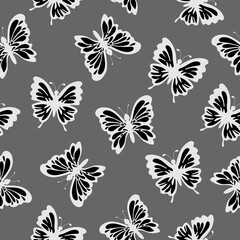Doodle black and white butterflies and light dots on a gray background. Insects. Seamless exotic summer pattern. Suitable for wallpaper, textile, packaging.