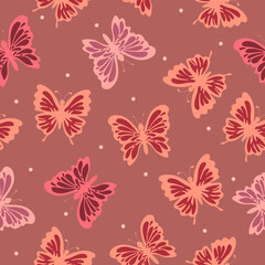 Decorative flying colorful butterflies with simple elements and light dots on a calm pink-brown background. Insects. Seamless doodle summer pattern. Suitable for wallpaper, textile, packaging.
