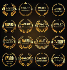 Golden award signs with laurel wreath isolated on black background