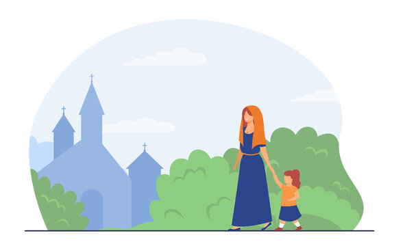 Happy Woman With Girl Going To Church. Faith, Belief, Weekend Flat Vector Illustration. Christianity And Religion Concept For Banner, Website Design Or Landing Web Page