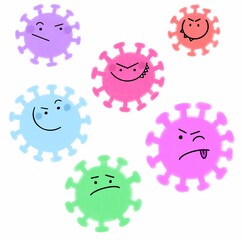 Hand drawn funny multicolour illustration of a molecules of coronavirus covid-19 infection with different emotions. Funny doodle image for kids in bright shades. Isolated on a white background