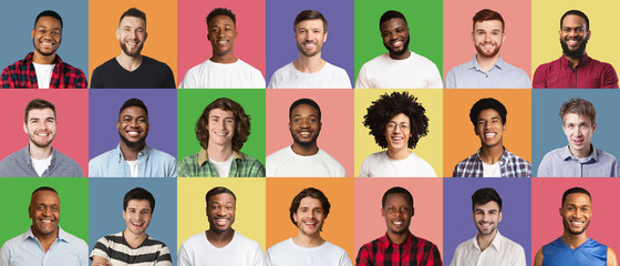 Composite creative collage of happy diverse multicultural men