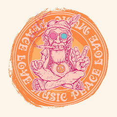 Retro design of Peace, Love and Music with old hippie. vector illustration.