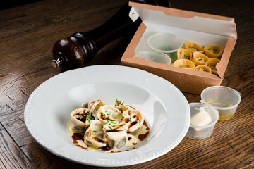 ravioli Triangoli making set, preparation cooking kit. Italian food concept.