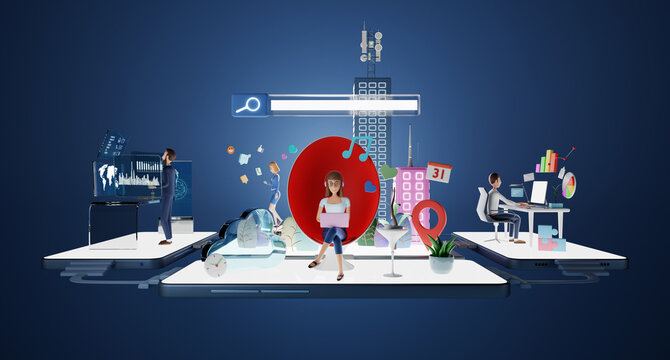 Business people characters working in virtual office with smart data platform.