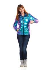 Young Woman In Vibrant Down Jacket Is Pointing At Herself