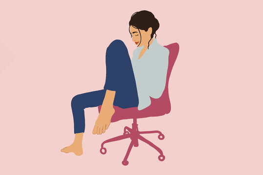 Woman relaxing and sitting on the office chair and using phone while bent leg at the knee. Vector illustration