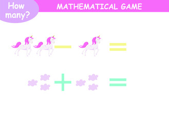 examples of addition and subtraction with unicorns. educational page with mathematical examples for children.