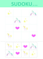 Sudoku for kids  with unicorns. Children's puzzles. Educational game for children.