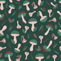 Cute forest mashrums and leaves. Vector cartoon seamless pattern. Autumn forest elements on dark green background.