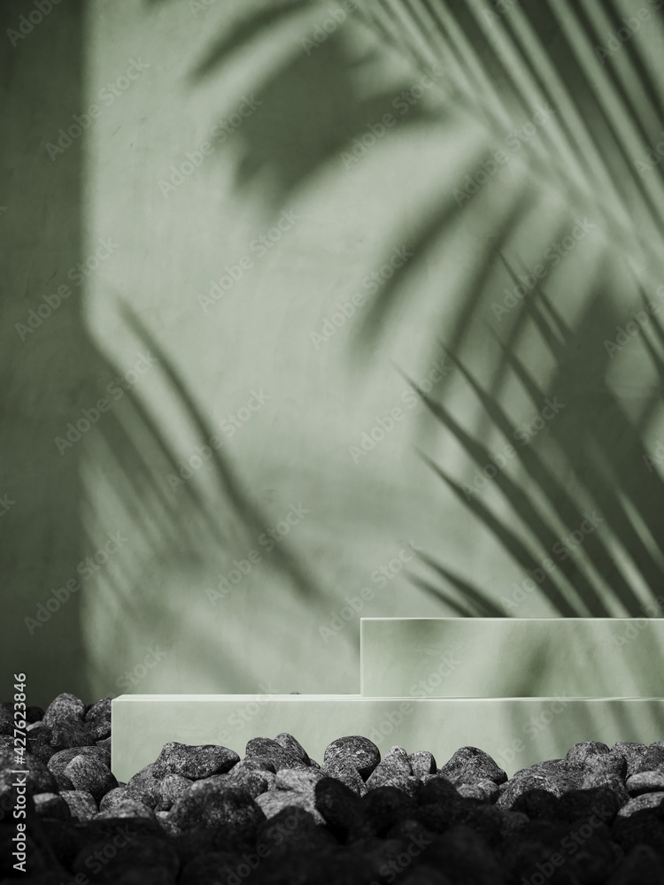 Poster summer mockup concept for product presentation. green podium and pebble on green stucco background. 