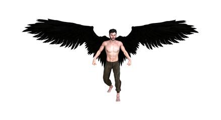 Illustration of a man with black angelic wings wearing pants isolated on a white background.