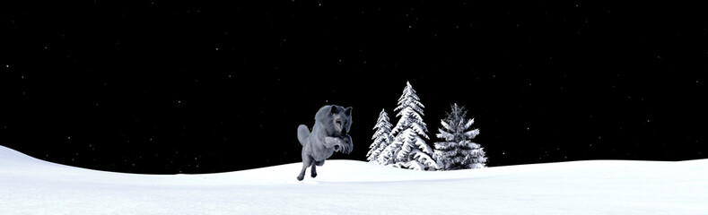Illustration of a wolf jumping over snow with trees and a black night with stars in the background.