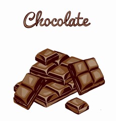 Bar of chocolate, cacao pod and cocoa beans Isolated on white background. illustration of sweets in cartoon flat style.