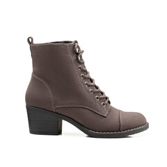 Isolated on white background female demi-season brown boot with laces and low heels. Side view.