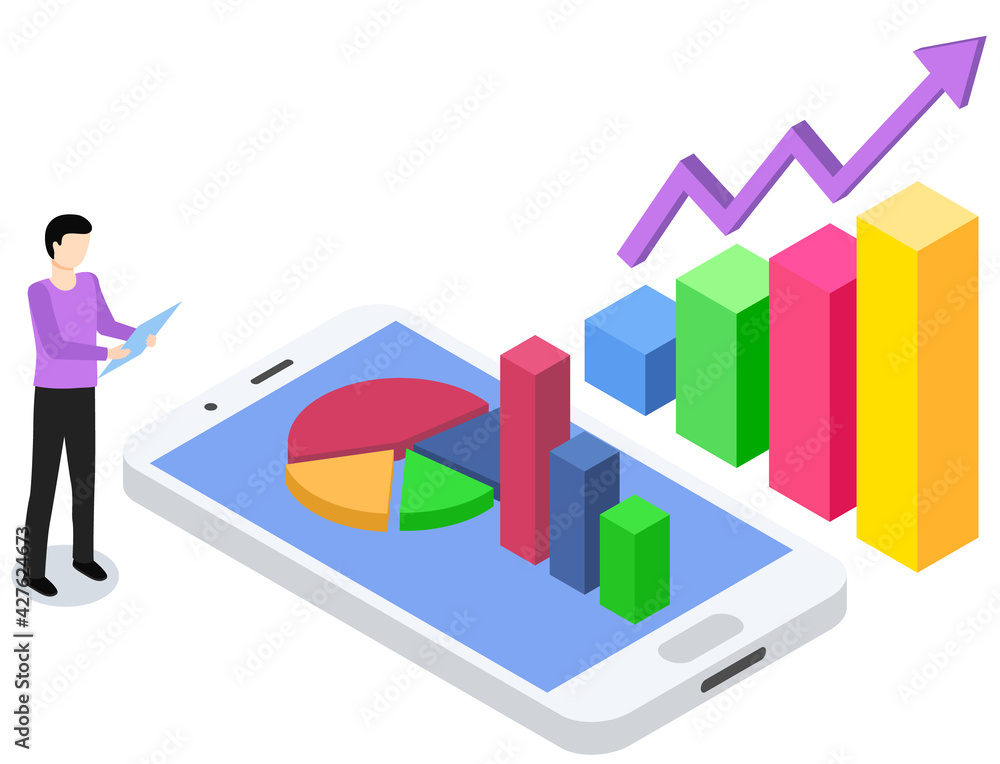 Poster Guy is working with data using smartphone. Male character while working with statistical graph