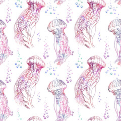 Seamless pattern with hand drawn jellyfish and bubbles.