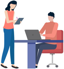 Man sits and works at computer. Woman stands and writes information in notebook isolated on white