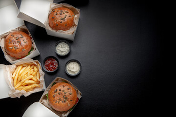 Delicious meal from restaurant of fast food and home or office delivery during covid-19 pandemic