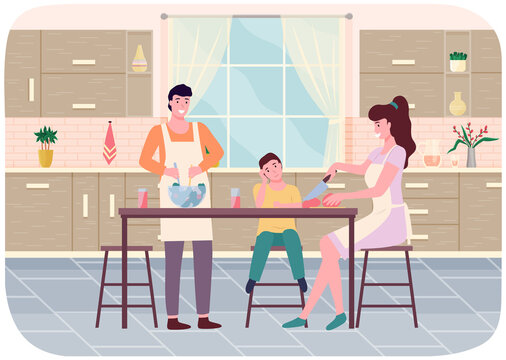Happy family parents and son cook in kitchen together flat illustration. Prepearing festive dinner