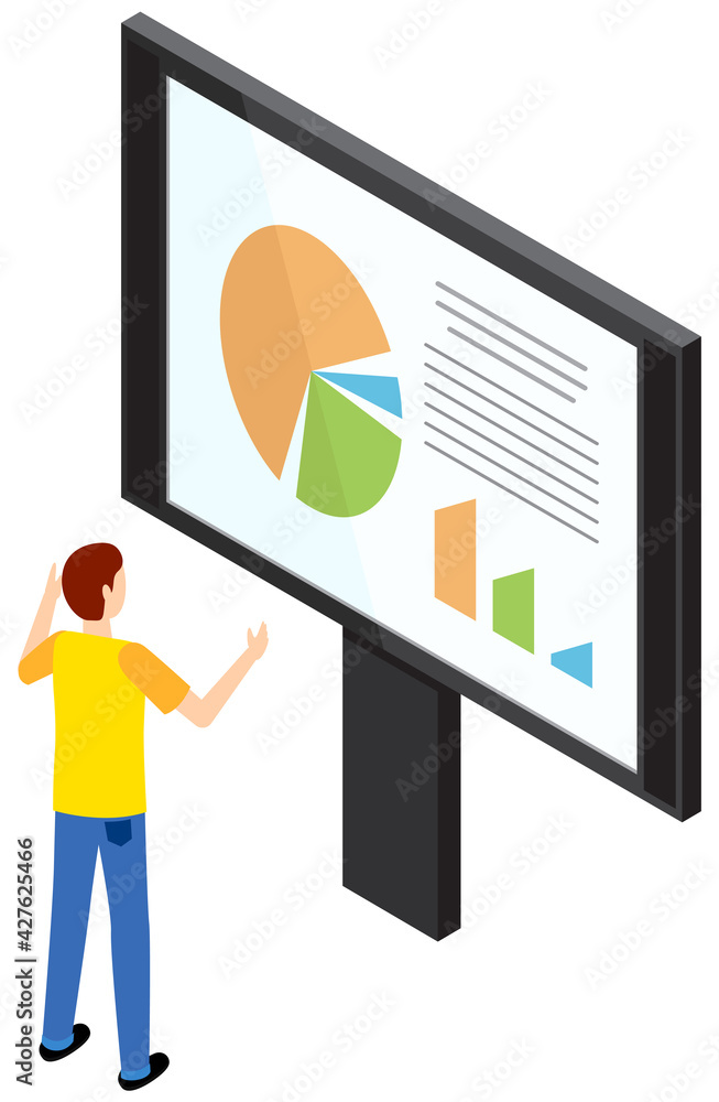 Poster man studies statistics shown on bar chart. analyze diagrams concept. guy working with data