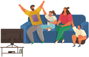 Parents and children relaxing in apartment with TV. People on couch isolated illustration