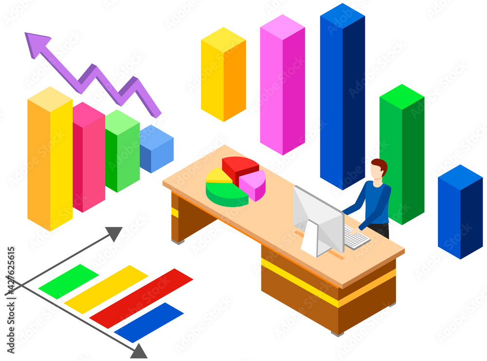 Poster guy is working with data and looking at monitor. man studies statistics shown on bar chart