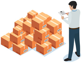 Man makes notes while working with parcels in warehouse. Cardboard boxes for shipment from china