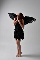 
Full length portrait of a red haired  girl wearing black dress and feather angel wings.  Standing...