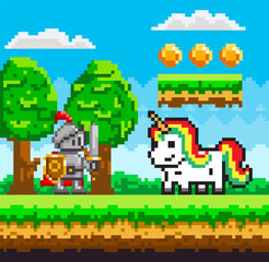 Rainbow unicorn and knight in armor pixel art in nature landscape background, fairytale characters