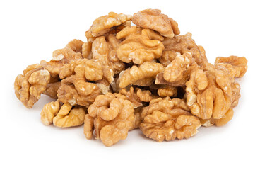 Peeled walnuts on white background