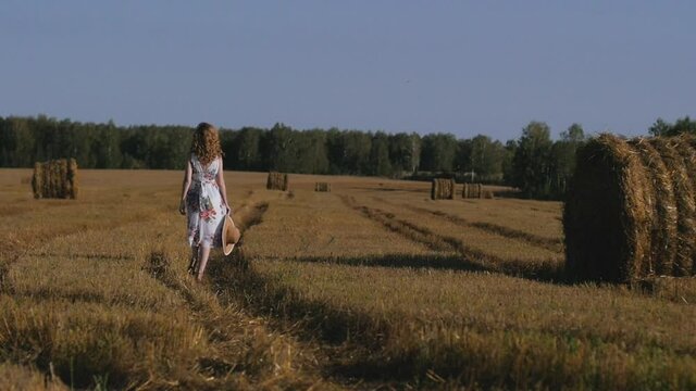 beautiful red-haired woman in a white dress and hat walks against the background of a field and haystacks. Young woman at sunset walks towards the camera and puts on a hat