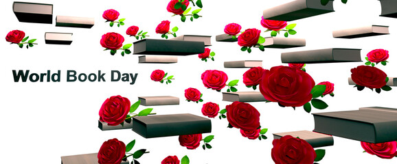 Render 3D de libros y rosas flotando en el aire. Fondo. Día mundial del Libro. Sant Jordi