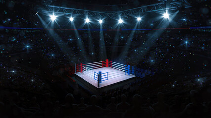 Boxing fight ring. Fans view of sport arena with shining spotlights. Digital sport 3D illustration.   © LeArchitecto