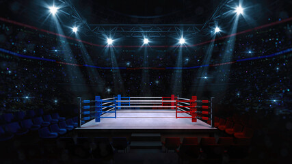 Boxing fight ring. Interior upper view of sport arena with fans and shining spotlights. Digital sport 3D illustration.	
