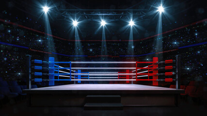 Boxing fight ring close-up. Interior view of sport arena with fans and shining spotlights. Digital sport 3D illustration.	
