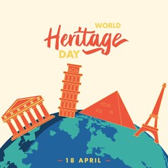 World Heritage Day 18 april poster, monuments illustration vector banner