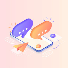 Digital communication. Instant messenger vector illustration concept,  mobile smartphone and laptop for chatting in social media. Can use for landing page, template, web,  banner, homepage. Isometric