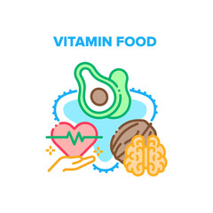 Vitamin Food Vector Icon Concept. Nut And Avocado Vitamin Food For Treatment Heart Beat, Delicious Diet And Healthcare Organic Nutrition. Natural Bio Nourishment Color Illustration