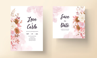 Romantic hand drawn elegant brown floral wedding invitation card