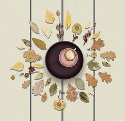 Cup of cappuccino or latte on the table top view. Autumn illustration. Autumn leaves. Herbal tea. Vector illustration
