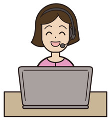 パソコン入力をしながら電話応対をするピンクの服の20代から30代女性　コールセンター 笑顔