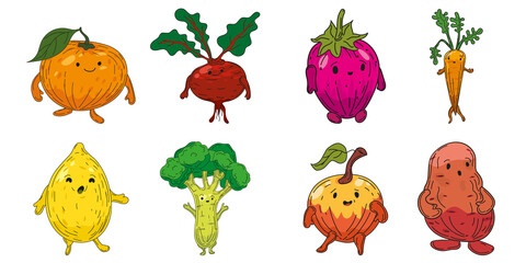 Vegetables set hand drawn scetch characters cartoon. Collection orange, beet root, strawberry, carrot, lemon, broccoli, apple, potato